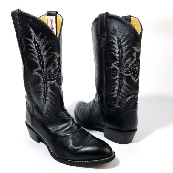 Tony Lama Black Smooth Leather Western Roper Cowboy Vaquero Boots - Picture 1 of 11